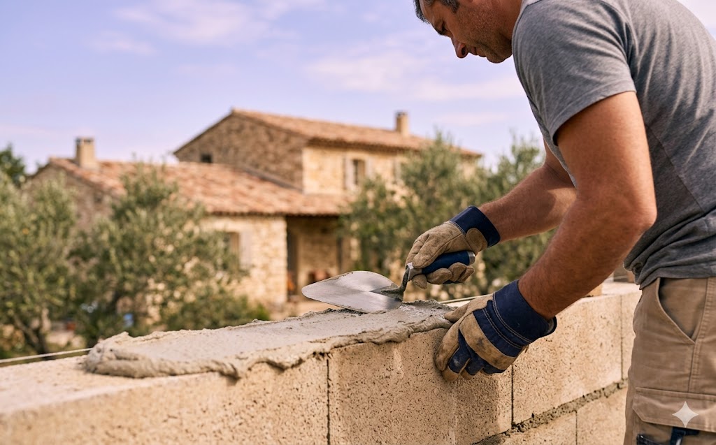 Maçon construisant un mur en parpaing — chantier BSO Bâtiment Vaucluse