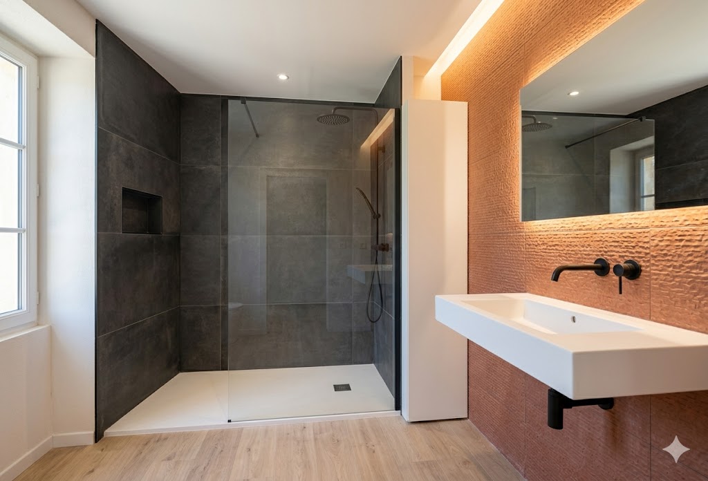 Salle de bain rénovée moderne avec carrelage et vasque — BSO Bâtiment